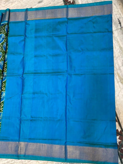 Pure Pochampally Ikkat Patola Silk Saree - Leaf Green &amp; Ocean Blue with Zari Border | Traditional Handloom Silk for Weddings &amp; Festivals - pochampallysarees.com