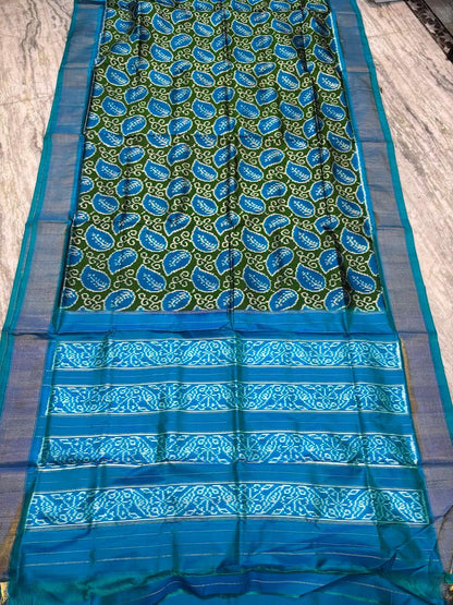 Pure Pochampally Ikkat Patola Silk Saree - Leaf Green &amp; Ocean Blue with Zari Border | Traditional Handloom Silk for Weddings &amp; Festivals - pochampallysarees.com