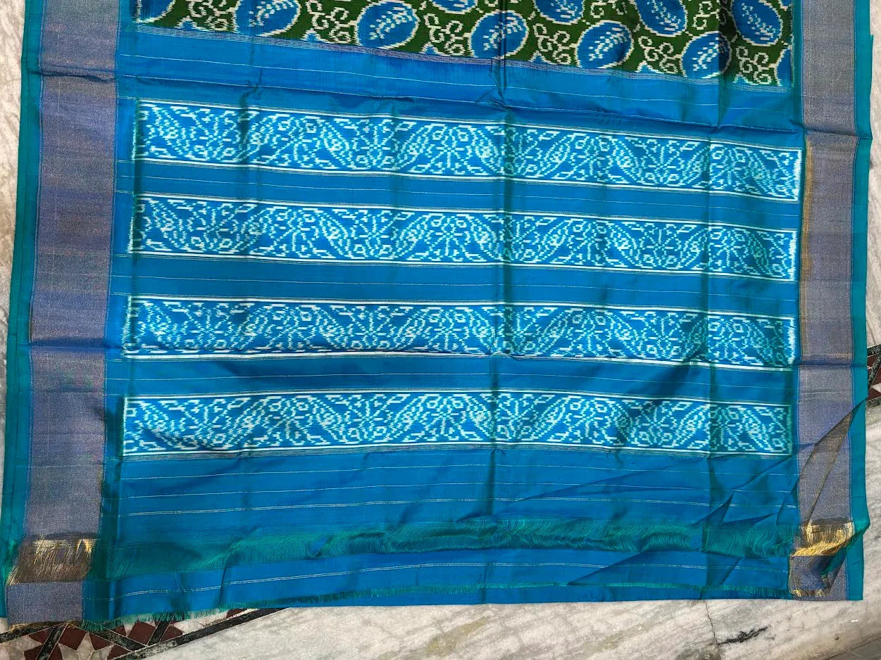 Pure Pochampally Ikkat Patola Silk Saree - Leaf Green &amp; Ocean Blue with Zari Border | Traditional Handloom Silk for Weddings &amp; Festivals - pochampallysarees.com