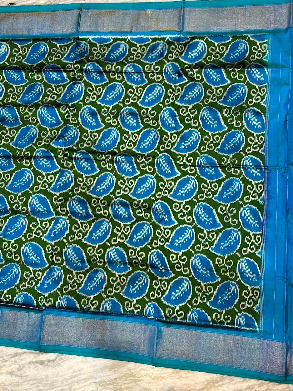 Pure Pochampally Ikkat Patola Silk Saree - Leaf Green &amp; Ocean Blue with Zari Border | Traditional Handloom Silk for Weddings &amp; Festivals - pochampallysarees.com