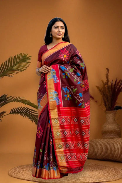 Pochampally Ikat Silk Patola Chocolate Red Sari Online - pochampallysarees.com