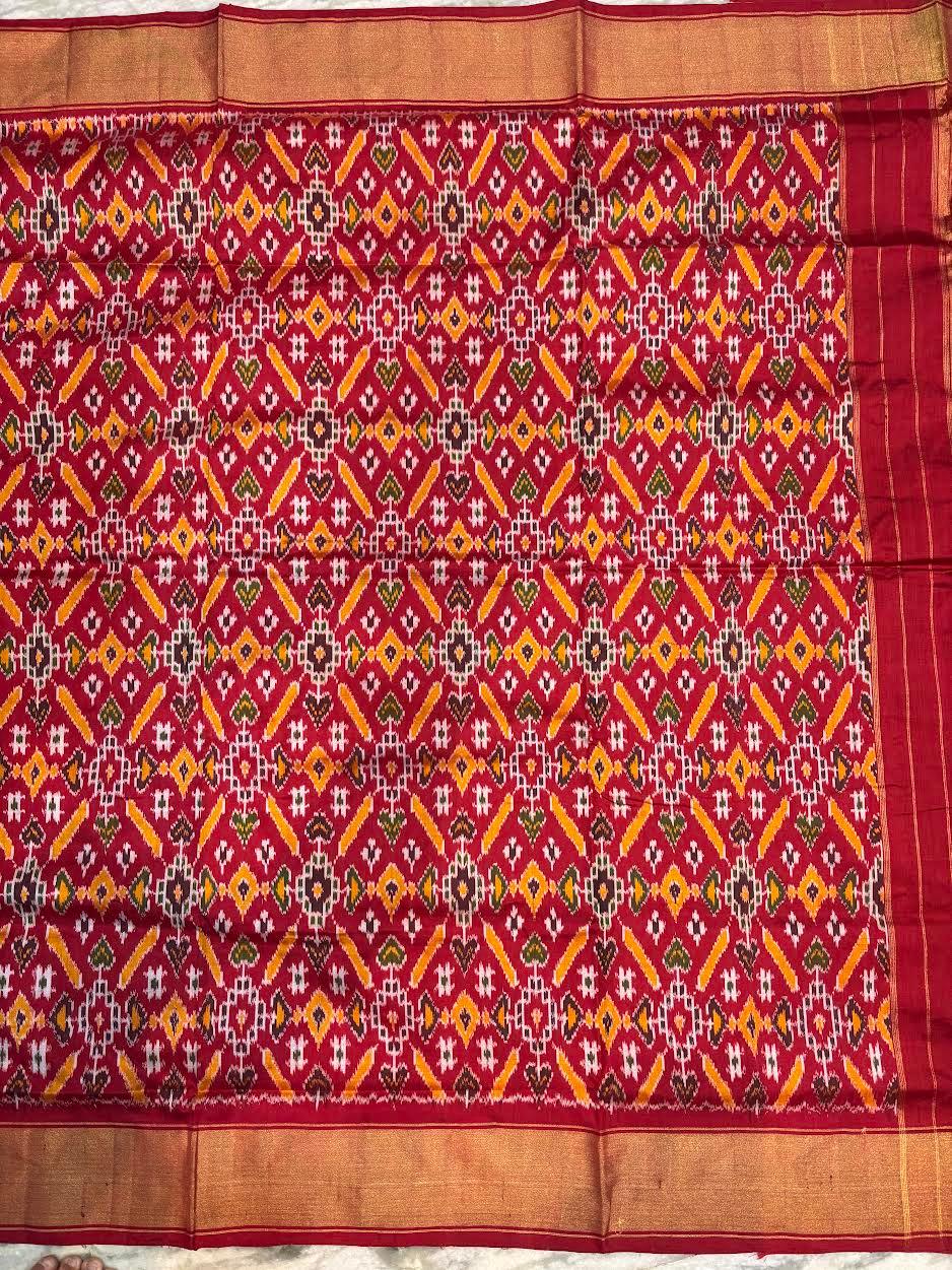 Authentic Red Pochampally Ikkat Patola Silk Saree with Geometric Diamond Motifs &amp; Gold Zari Border | Pure Handloom Wedding Silk - pochampallysarees.com