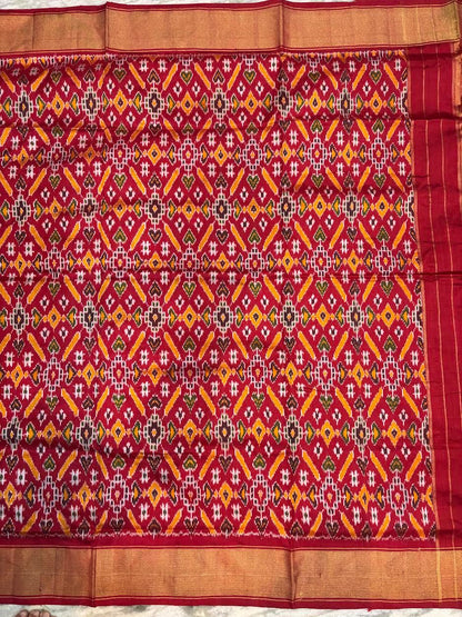 Authentic Red Pochampally Ikkat Patola Silk Saree with Geometric Diamond Motifs &amp; Gold Zari Border | Pure Handloom Wedding Silk - pochampallysarees.com