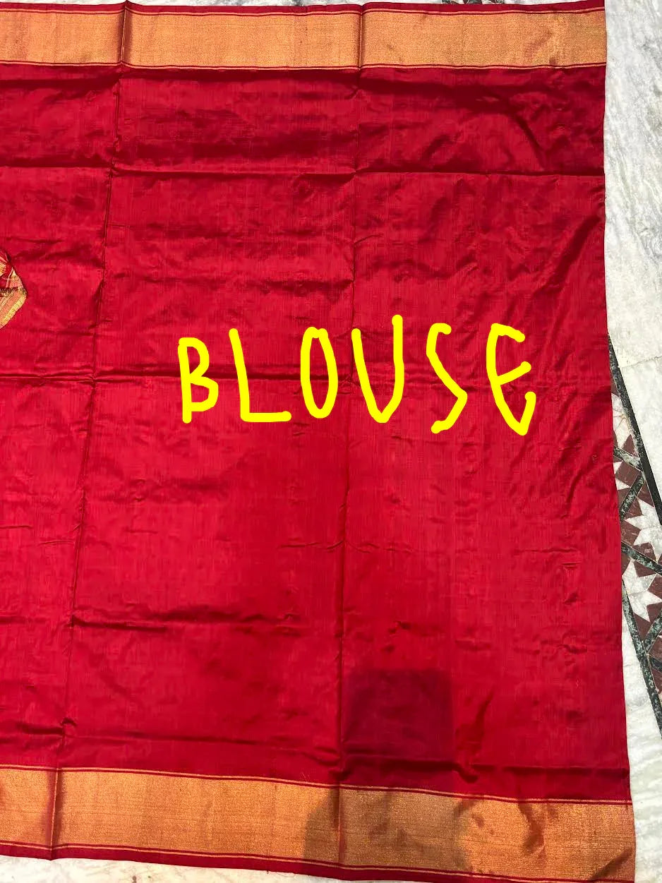 Authentic Red Pochampally Ikkat Patola Silk Saree with Geometric Diamond Motifs &amp; Gold Zari Border | Pure Handloom Wedding Silk - pochampallysarees.com