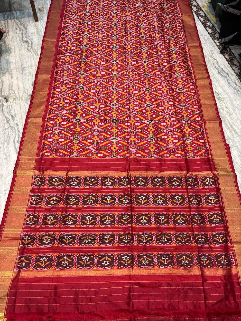 Authentic Red Pochampally Ikkat Patola Silk Saree with Geometric Diamond Motifs &amp; Gold Zari Border | Pure Handloom Wedding Silk - pochampallysarees.com