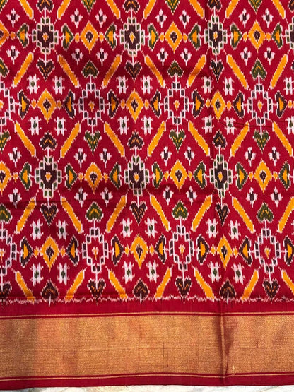 Authentic Red Pochampally Ikkat Patola Silk Saree with Geometric Diamond Motifs &amp; Gold Zari Border | Pure Handloom Wedding Silk - pochampallysarees.com