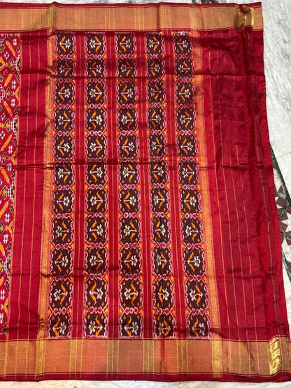 Authentic Red Pochampally Ikkat Patola Silk Saree with Geometric Diamond Motifs &amp; Gold Zari Border | Pure Handloom Wedding Silk - pochampallysarees.com
