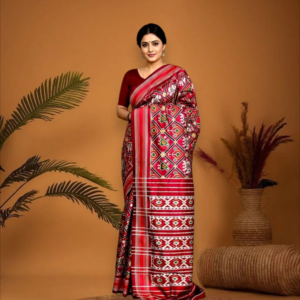 PURE POCHAMPALLY IKKAT SILK PATOLA MAROON SARI - pochampallysarees.com