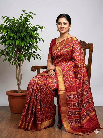 Authentic Red Pochampally Ikkat Patola Silk Saree with Geometric Diamond Motifs &amp; Gold Zari Border | Pure Handloom Wedding Silk - pochampallysarees.com
