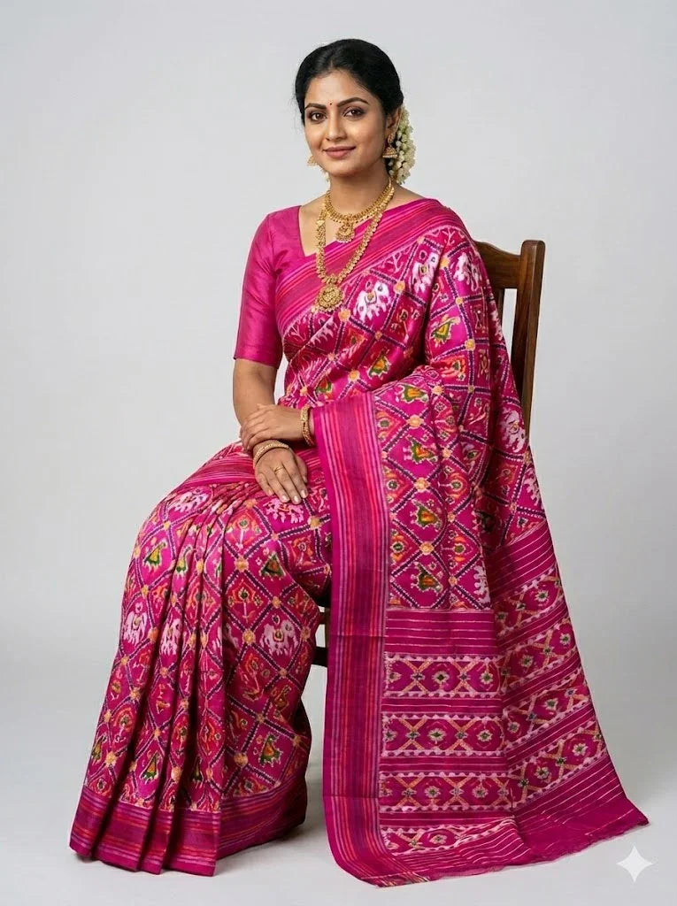 Pochampally-Ikkat-Silk-Patola-Pink-Saree-pochampallysarees.com