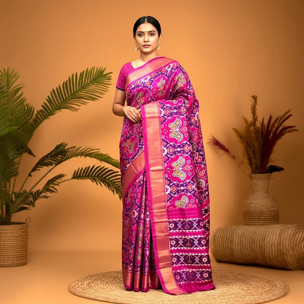 POCHAMPALLY IKKAT SILK PINK COLOR PATOLA ALLOVER TISSUE BORDER DESIGNER SAREE - pochampallysarees.com