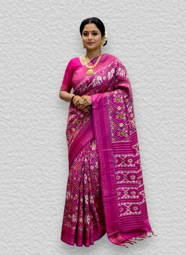 POCHAMPALLY IKKAT SILK PATOLA MIDDLE PINK BORDER AND PALLU PINK ZARI BORDER RICH PALLU SAREE - pochampallysarees.com