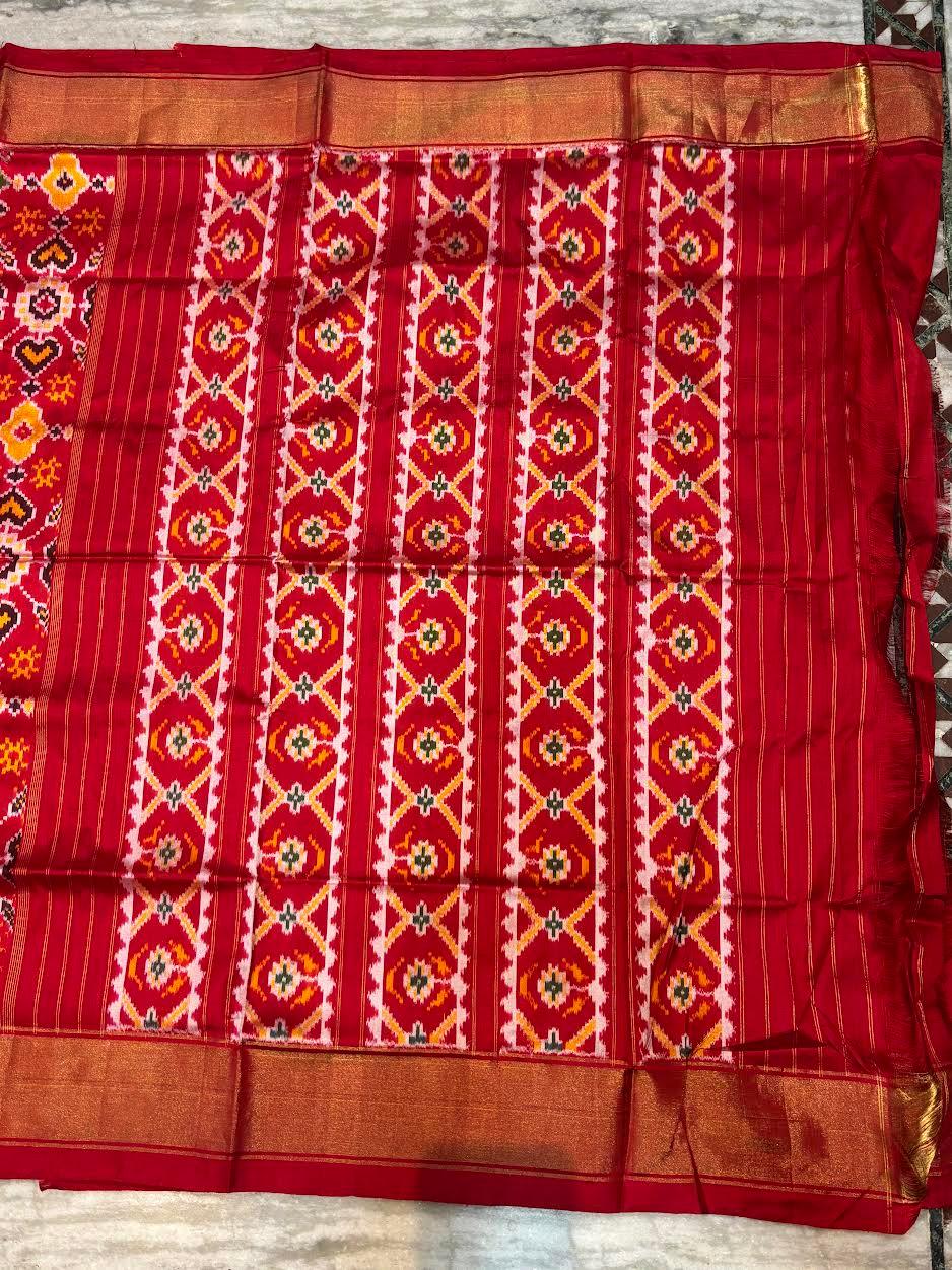 Pure Pochampally Ikkat Patola Silk Saree in Crimson Red – Handwoven Geometric Heart &amp; Diamond Pattern with Gold Zari Border | Traditional Festive &amp; Wedding Wear - pochampallysarees.com