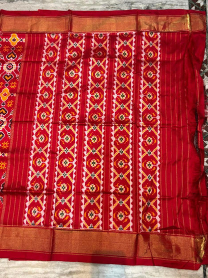 Pure Pochampally Ikkat Patola Silk Saree in Crimson Red – Handwoven Geometric Heart &amp; Diamond Pattern with Gold Zari Border | Traditional Festive &amp; Wedding Wear - pochampallysarees.com