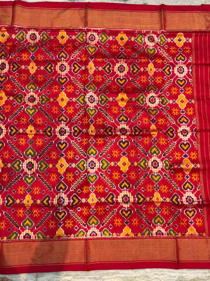 Pure Pochampally Ikkat Patola Silk Saree in Crimson Red – Handwoven Geometric Heart &amp; Diamond Pattern with Gold Zari Border | Traditional Festive &amp; Wedding Wear - pochampallysarees.com