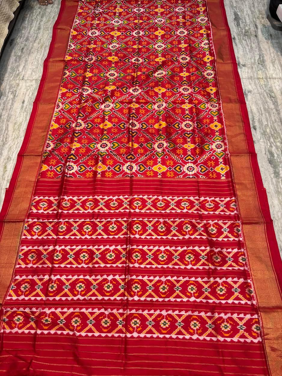 Pure Pochampally Ikkat Patola Silk Saree in Crimson Red – Handwoven Geometric Heart &amp; Diamond Pattern with Gold Zari Border | Traditional Festive &amp; Wedding Wear - pochampallysarees.com