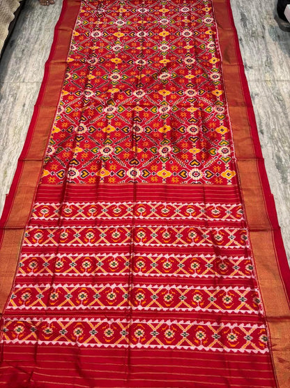 Pure Pochampally Ikkat Patola Silk Saree in Crimson Red – Handwoven Geometric Heart &amp; Diamond Pattern with Gold Zari Border | Traditional Festive &amp; Wedding Wear - pochampallysarees.com