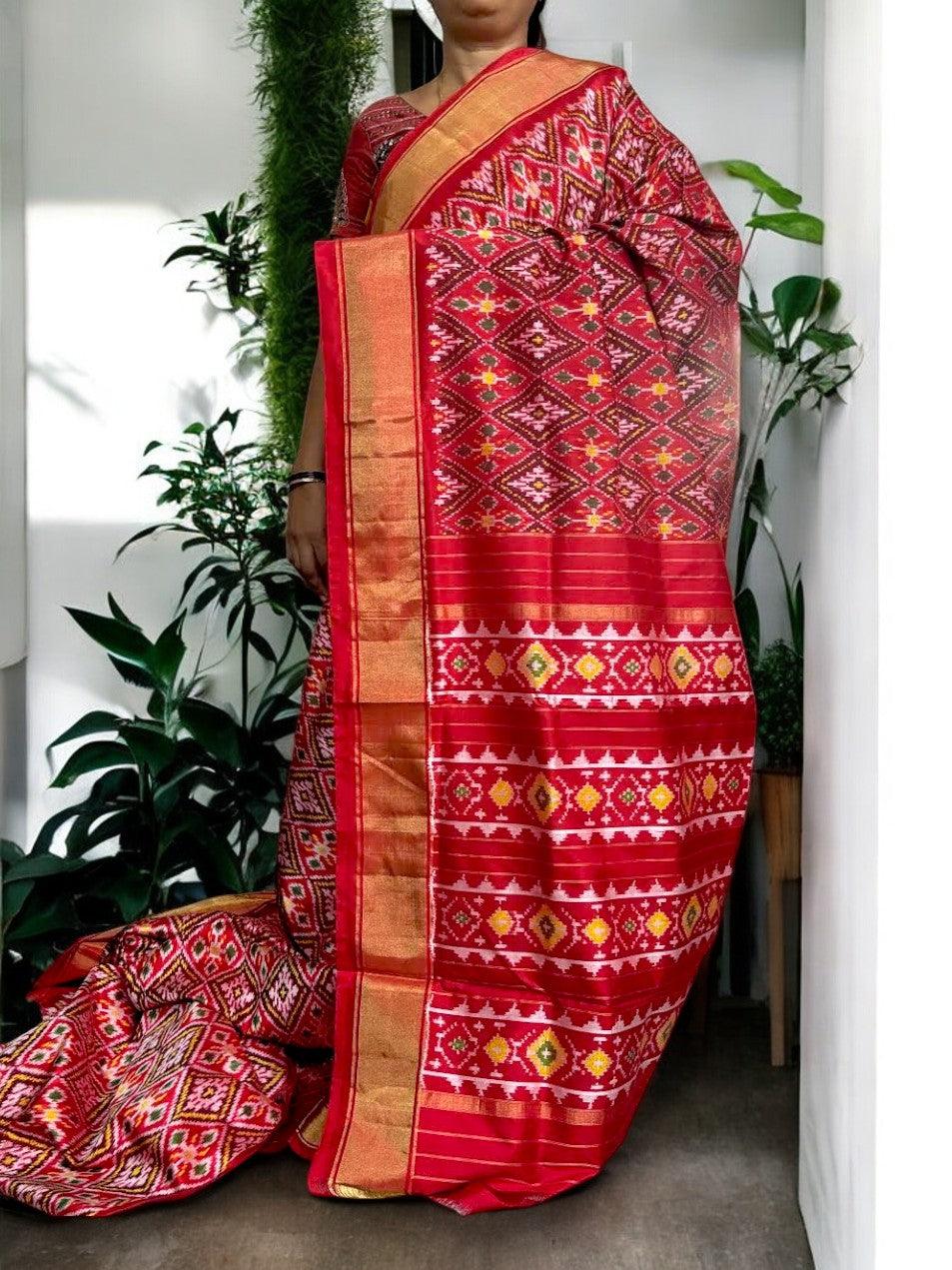 Designer Pochampally Ikat Silk Patola Red Sari