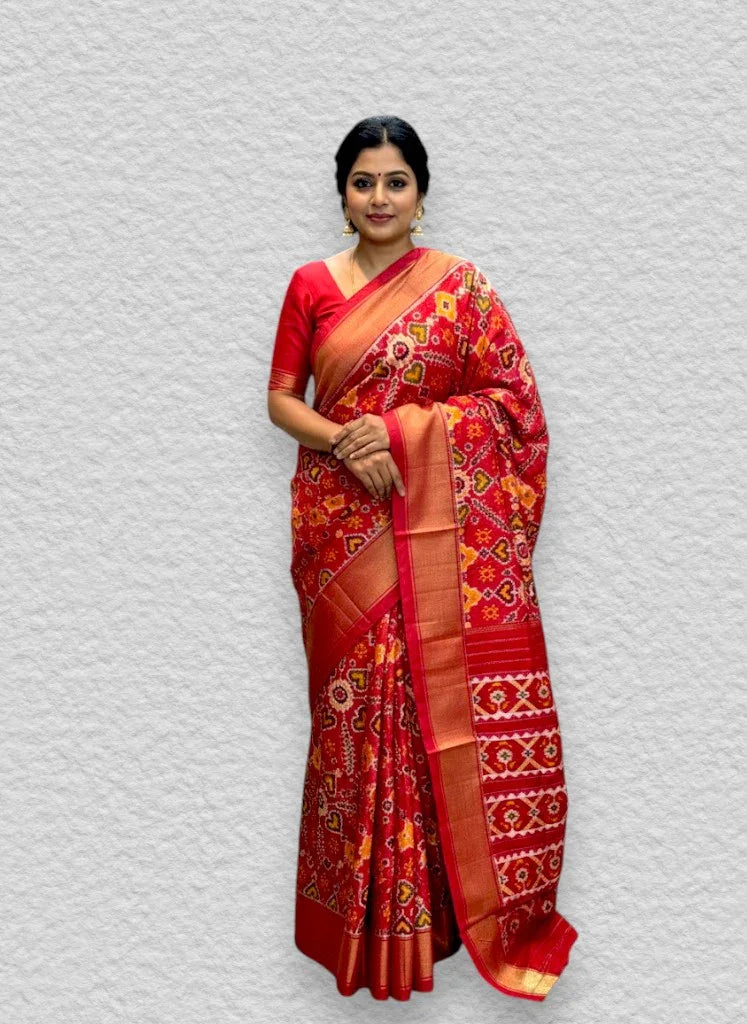 POCHAMPALLY IKKAT SILK PATOLA MIDDLE PINK BORDER AND PALLU PINK ZARI BORDER RICH PALLU SAREE - pochampallysarees.com