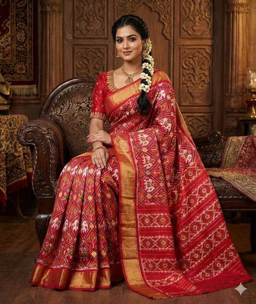 POCHAMPALLY IKKAT SILK PATOLA MIDDLE RED BORDER AND PALLU RED ZARI BORDER ALLOVER DESIGN SAREE - pochampallysarees.com