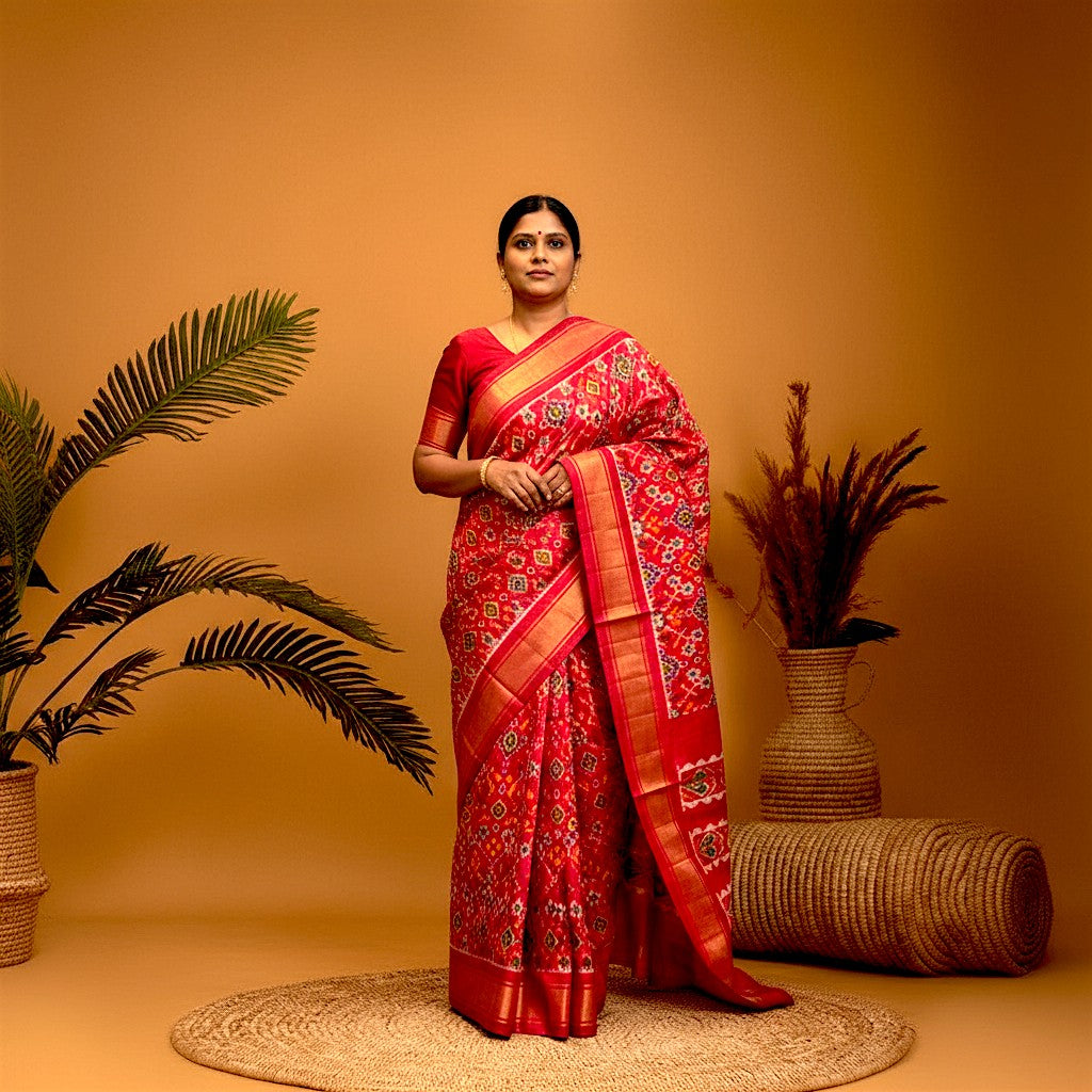 Latest Designer Pure Pochampally Ikat Silk Patola Hand Woven Red Sari Online In India - pochampallysarees.com