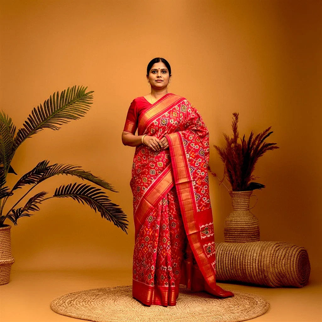 Latest Designer Pure Pochampally Ikat Silk Patola Hand Woven Red Sari Online In India - pochampallysarees.com