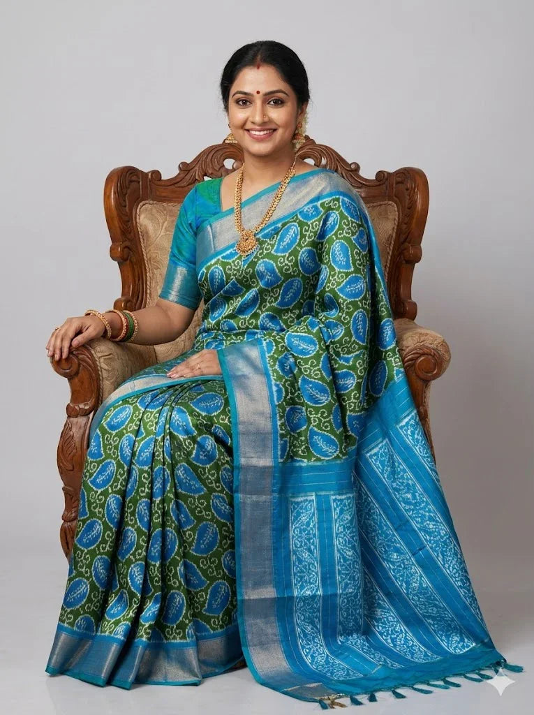 Pure Pochampally Ikkat Patola Silk Saree - Leaf Green &amp; Ocean Blue with Zari Border | Traditional Handloom Silk for Weddings &amp; Festivals - pochampallysarees.com