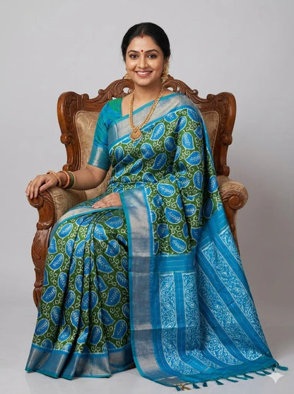 Pure Pochampally Ikkat Patola Silk Saree - Leaf Green &amp; Ocean Blue with Zari Border | Traditional Handloom Silk for Weddings &amp; Festivals - pochampallysarees.com