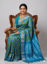 Pure Pochampally Ikkat Patola Silk Saree - Leaf Green & Ocean Blue with Zari Border | Traditional Handloom Silk for Weddings & Festivals - pochampallysarees.com