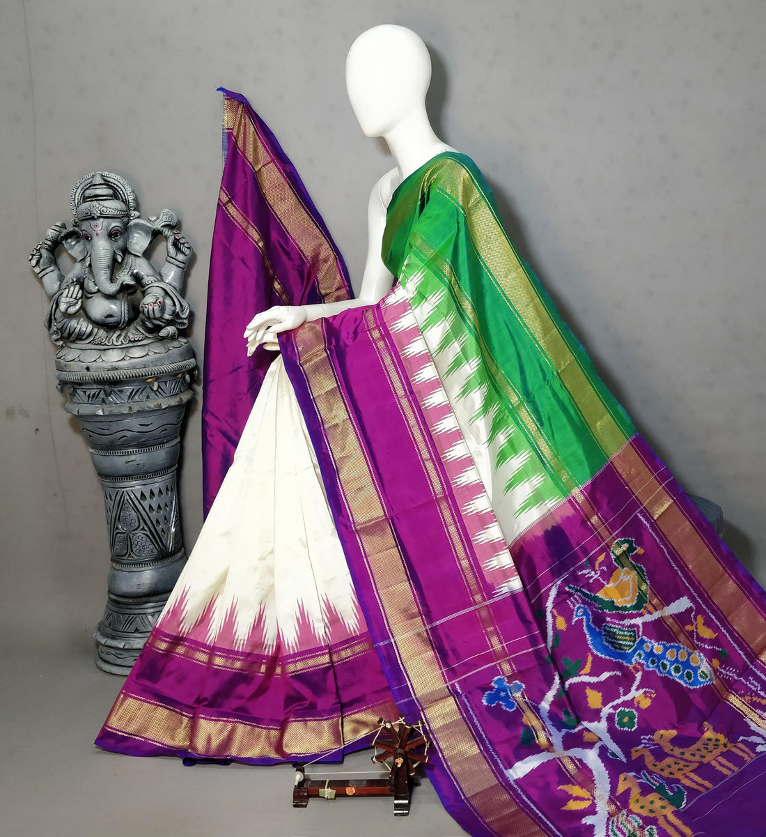 Pochampally Ikkat Silk Cream Purple Sari