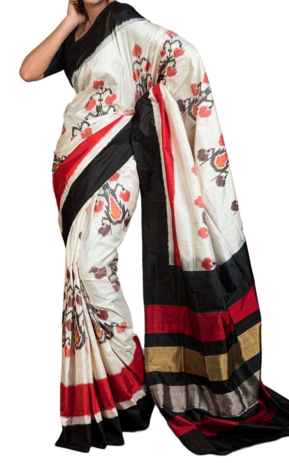 Pure Pochampally Ikkat Silk Cream Black Sari