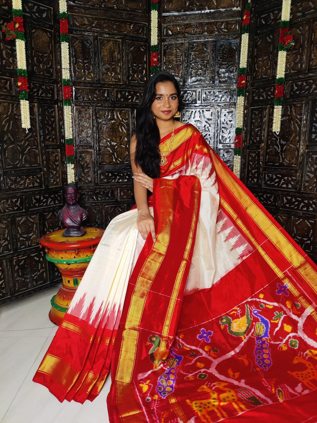 Pochampally Ikkat Silk Cream Red Sari