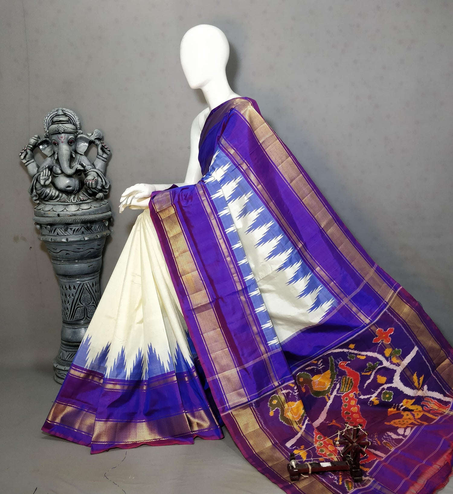 Pochampally Ikkat Silk Cream Blue Sari