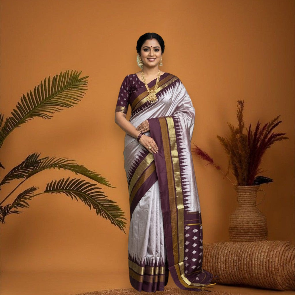 Pochampally Ikkat Silk Sari with silver plain border and chocolate pallu