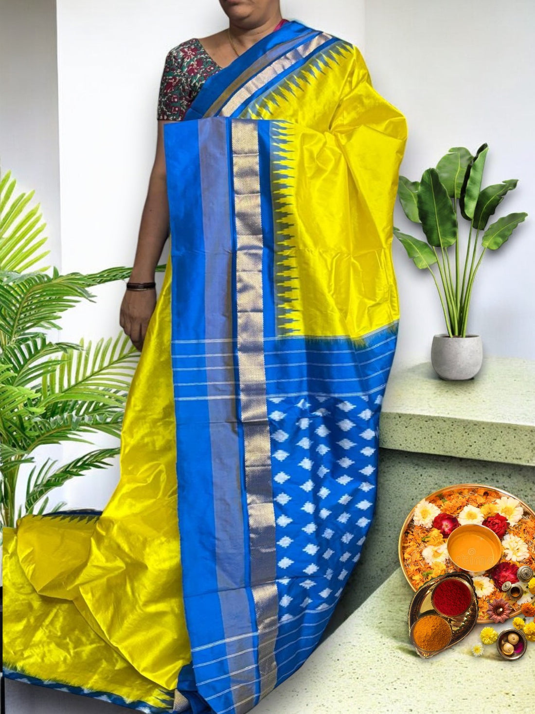 Semi Pochampally Ikat Silk Yellow Blue Sari