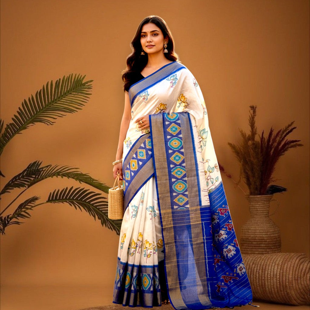 Pochampally-Ikkat-Silk-White-Blue-Sari_pochampallysarees.com