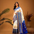 Pure Pochampally Ikkat Silk Kalamkari Designer Blue White Sari - pochampallysarees.com
