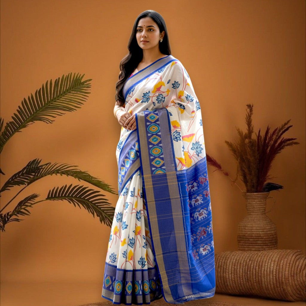 Pochampally-Ikkat-Silk-White-Blue-Sari-pochampallysarees.com