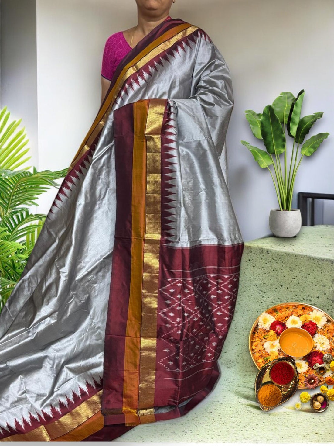 Semi Pochampally Ikat Silk Silver White Maroon Sari