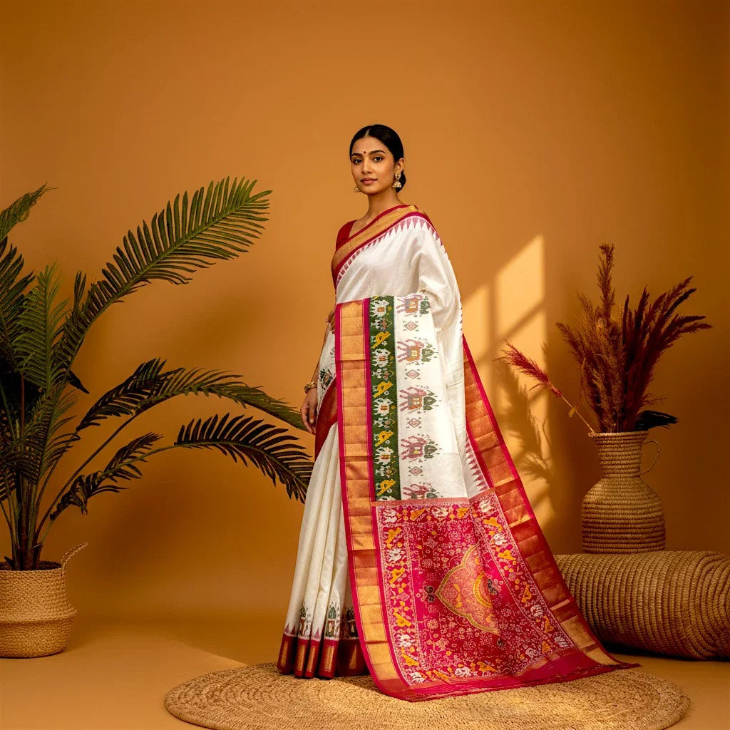 POCHAMPALLY IKKAT SILK PATOLA MIDDLE WHITE BORDER AND PALLU PINK ZARI BORDER RICH PALLU SAREE - pochampallysarees.com