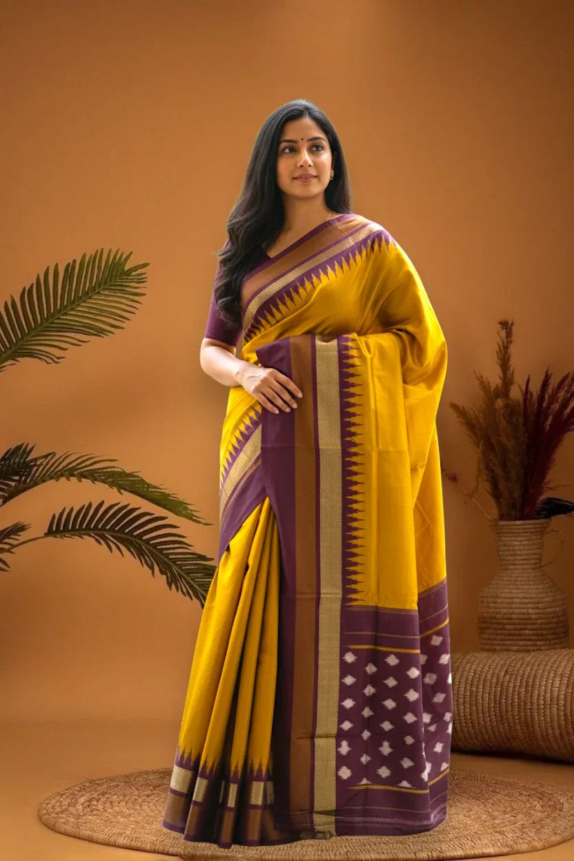 Pochampally Ikkat Silk Yellow Chocolate Sari - pochampallysarees.com