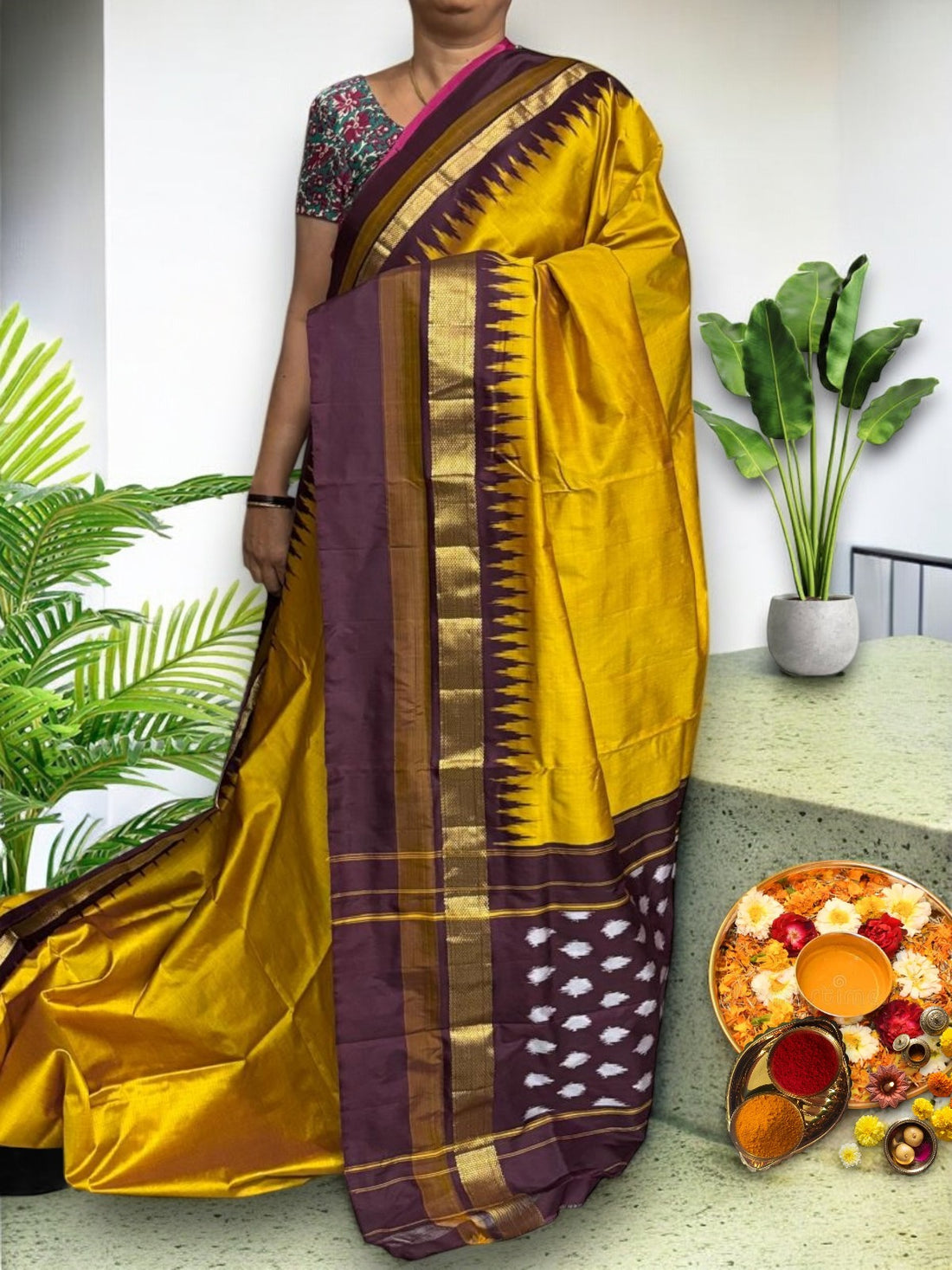 Semi Pochampally Ikat Silk Yellow Chocolet Sari