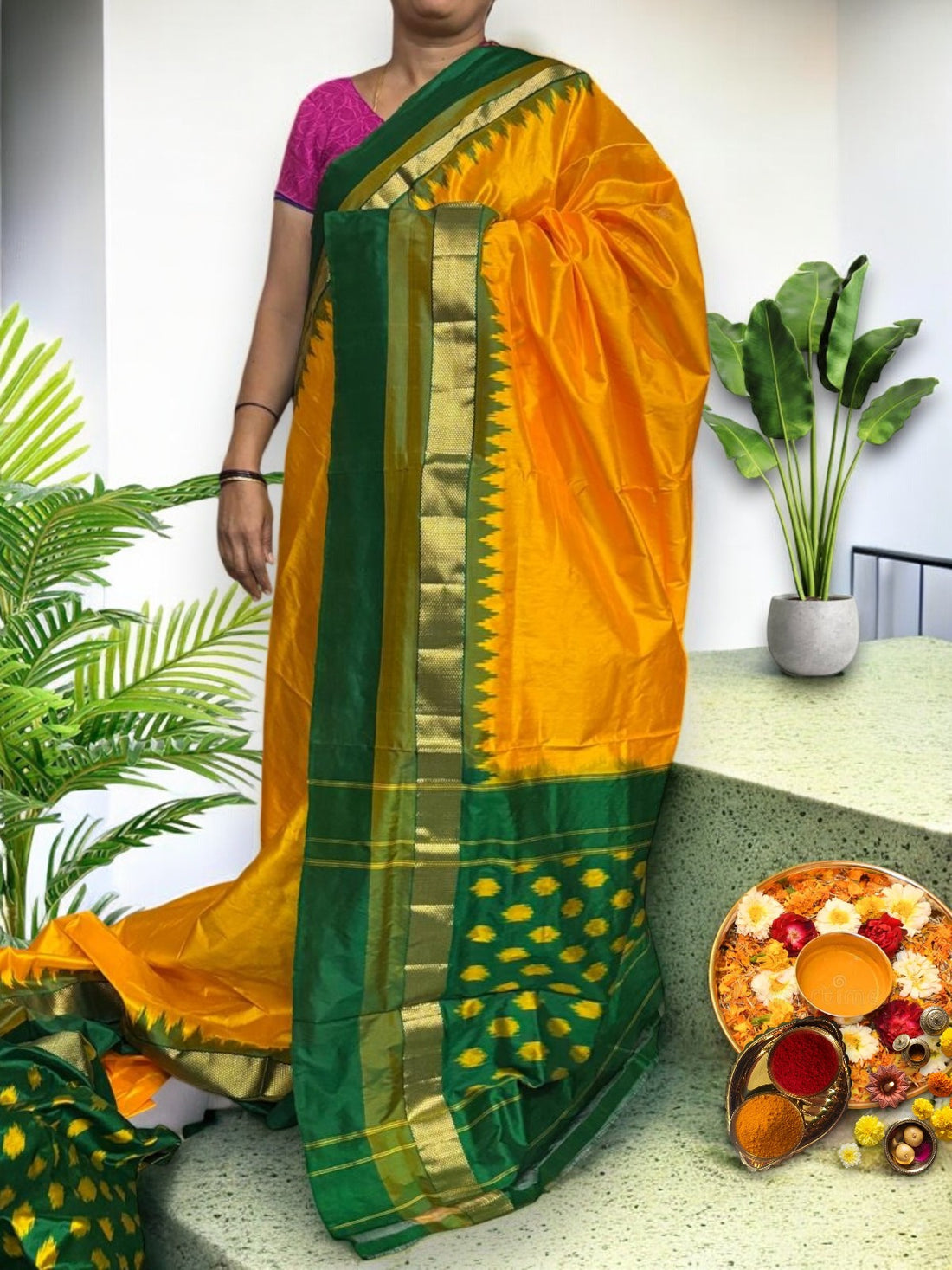 Semi Pochampally Ikat Silk yellow Green Sari