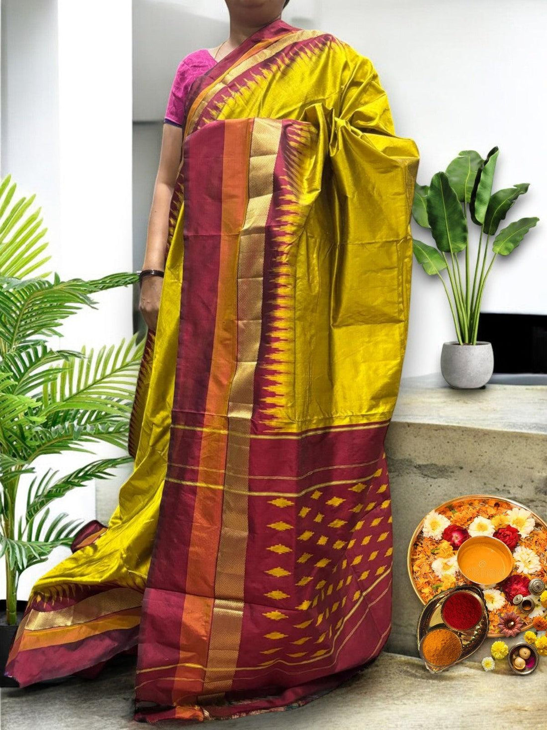 Pochampally Ikat Semi Silk Yellow Maroon Sari