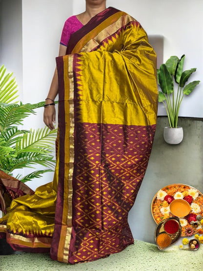 Semi Pochampally Ikat Silk Yellow Maroon Sari