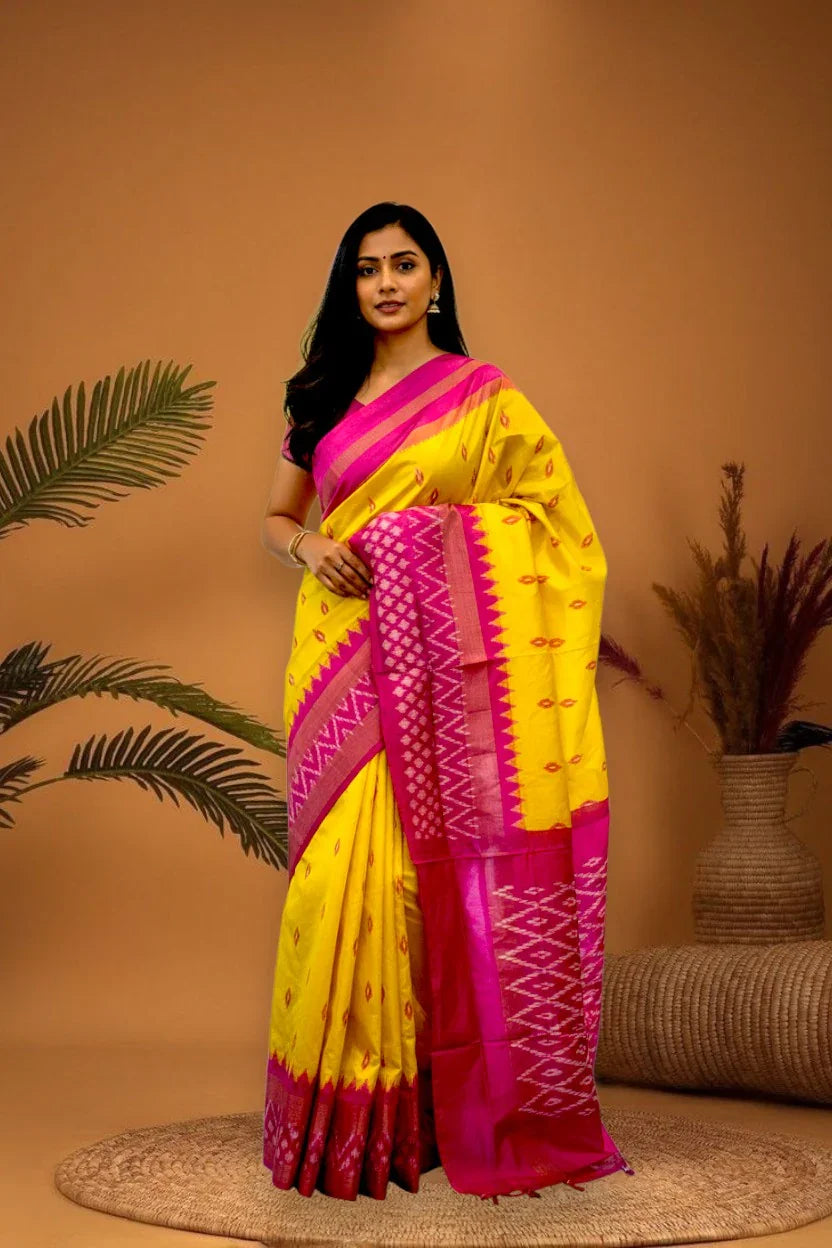 Pochampally-Ikkat-Silk-Yellow-Pink-Sari-pochampallysarees.com