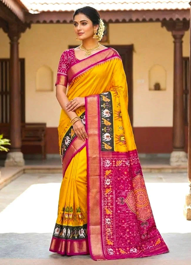 POCHAMPALLY IKKAT SILK BODY MANGO YELLOW BORDER PINK AND PALLU AND BLOUSE IKKAT DESIGN PINK SARI - pochampallysarees.com