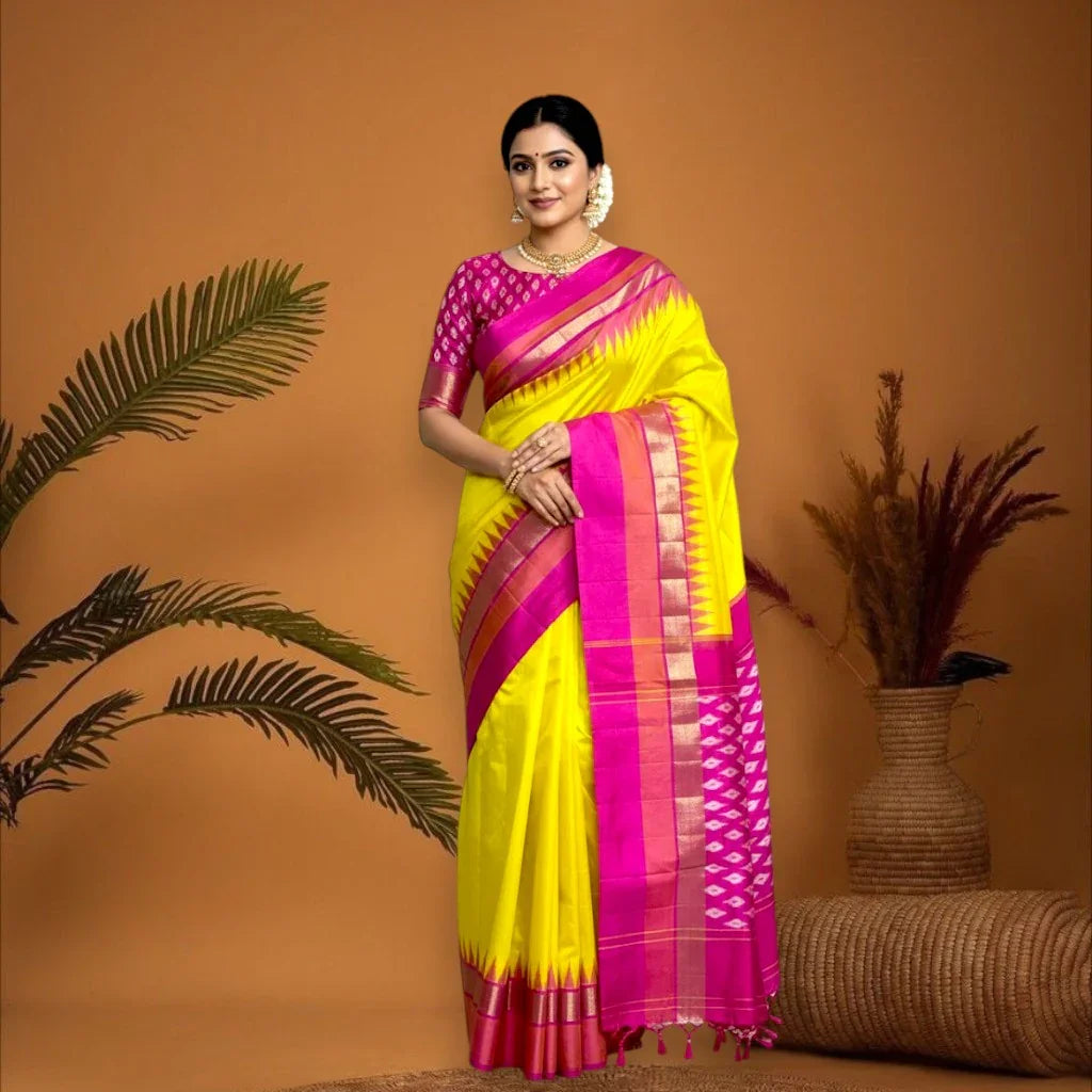 Pochampally Ikkat Silk Sari with Yellow Border front view