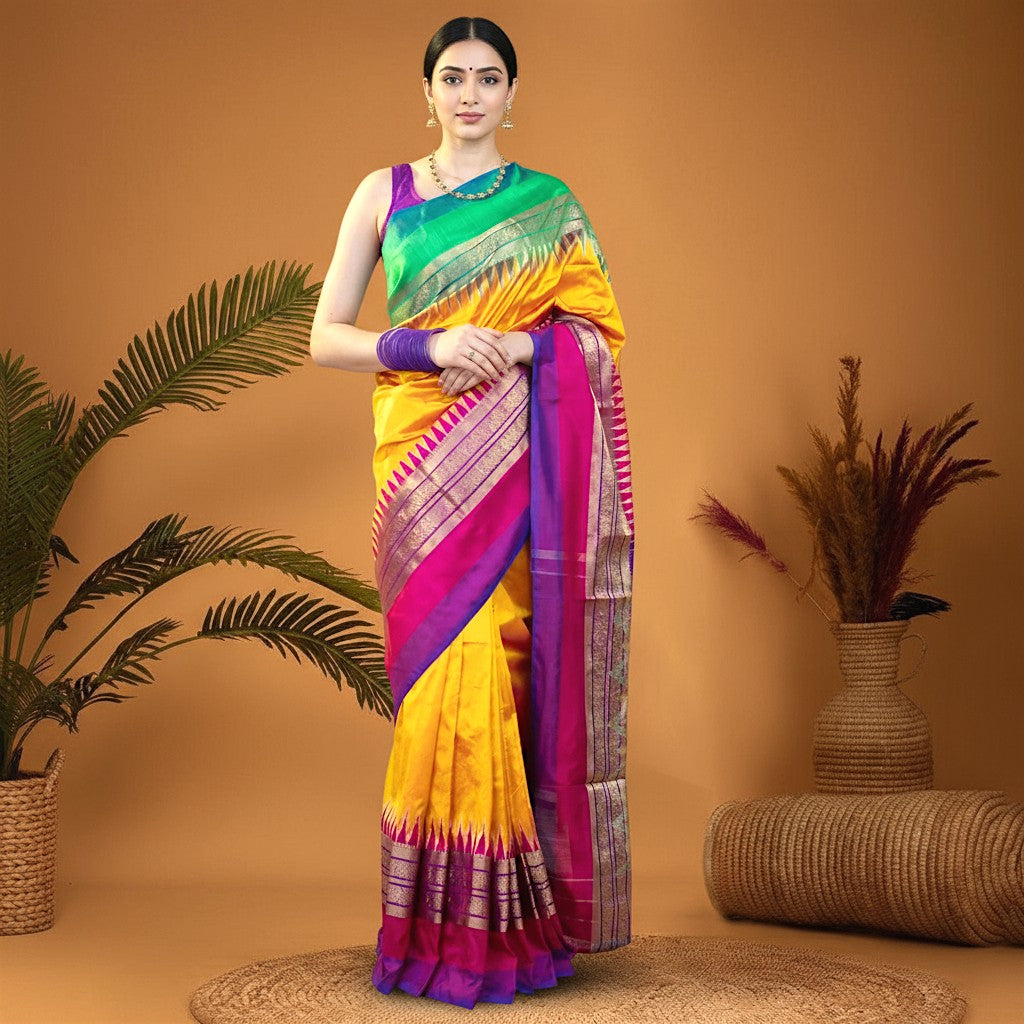 Pochampally-Ikkat-Silk-Yellow-Purple-green-Sari-pochampallysarees.com