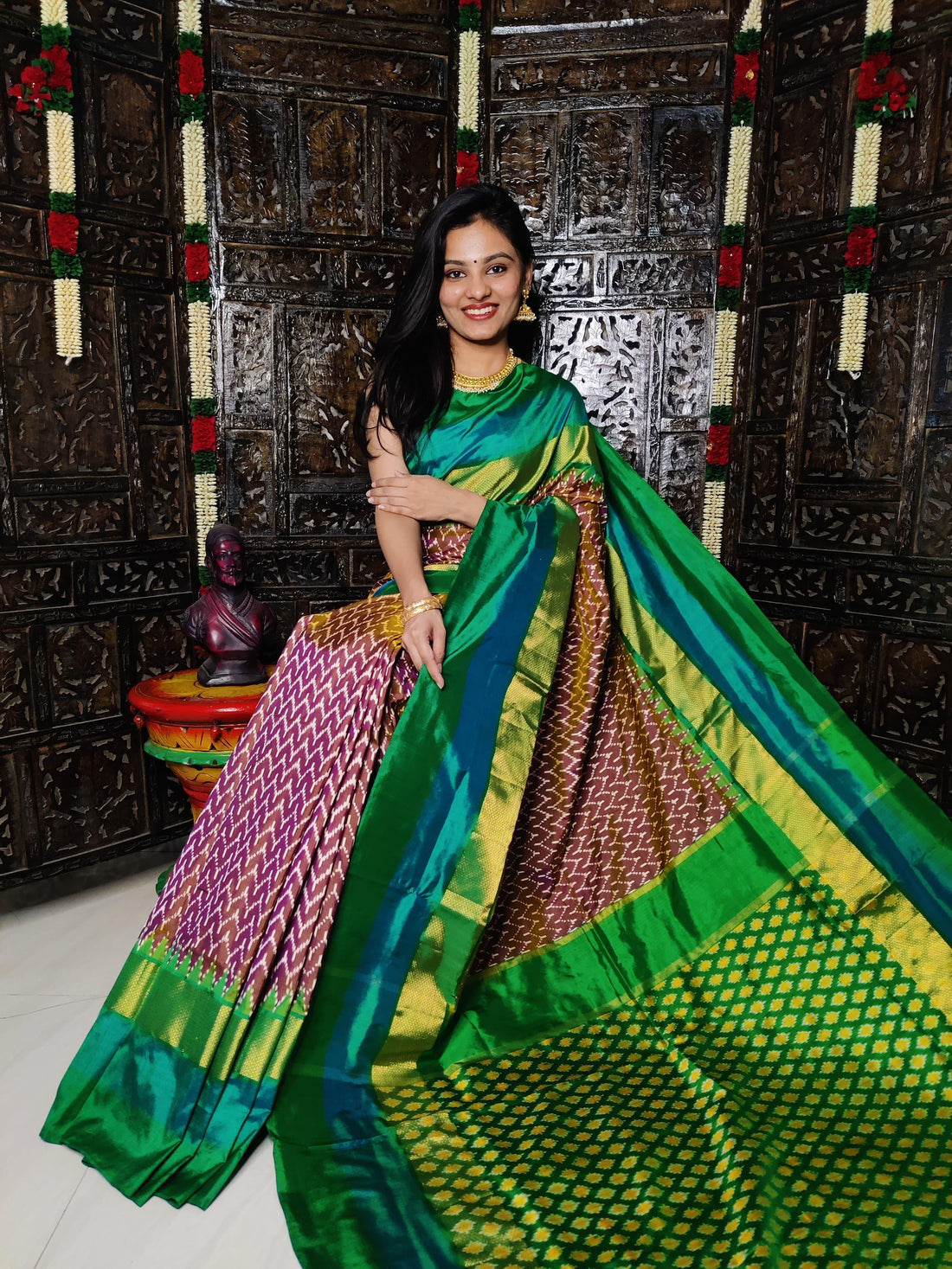 Pochampally Ikkat Silk Brown Green Sari